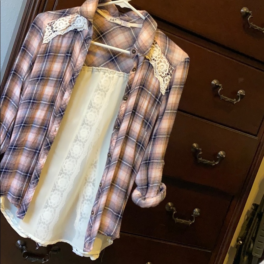 Long sleeve button up pink plaid shirt